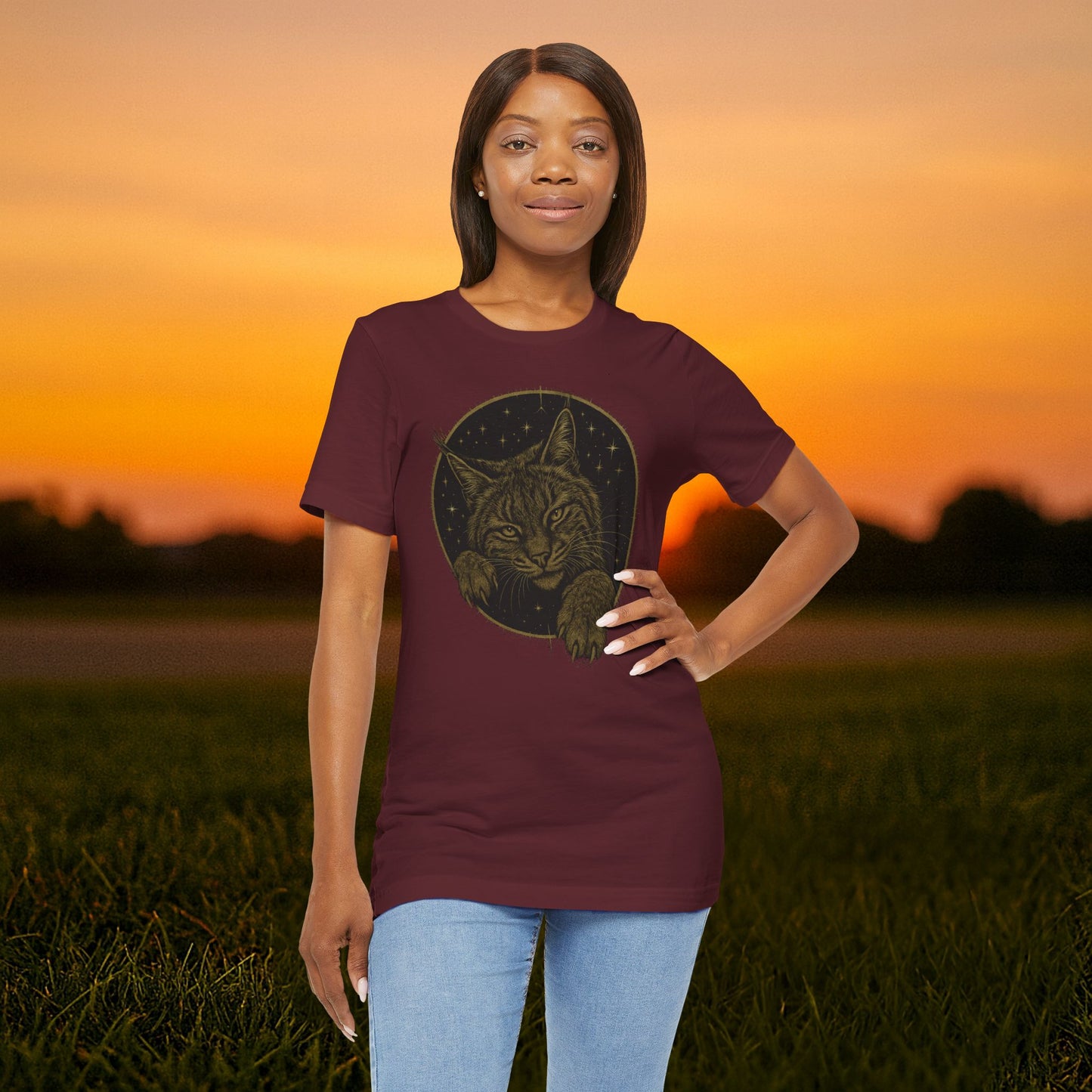 "Frisky Celestial Bobcat" Tee (Texas State Maroon & Brassy Gold Edition)