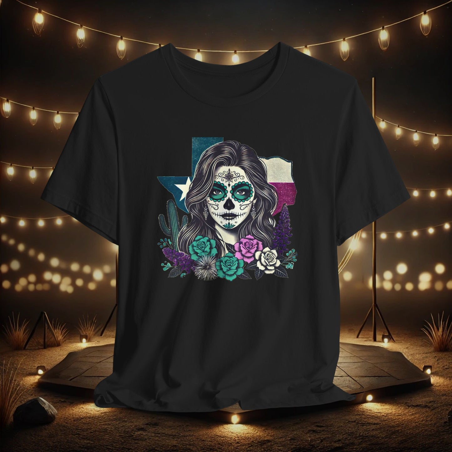 “Sugar Skull Texas Beauty” Tee - Day of the Dead inspired, Floral Design with Cactus and Roses