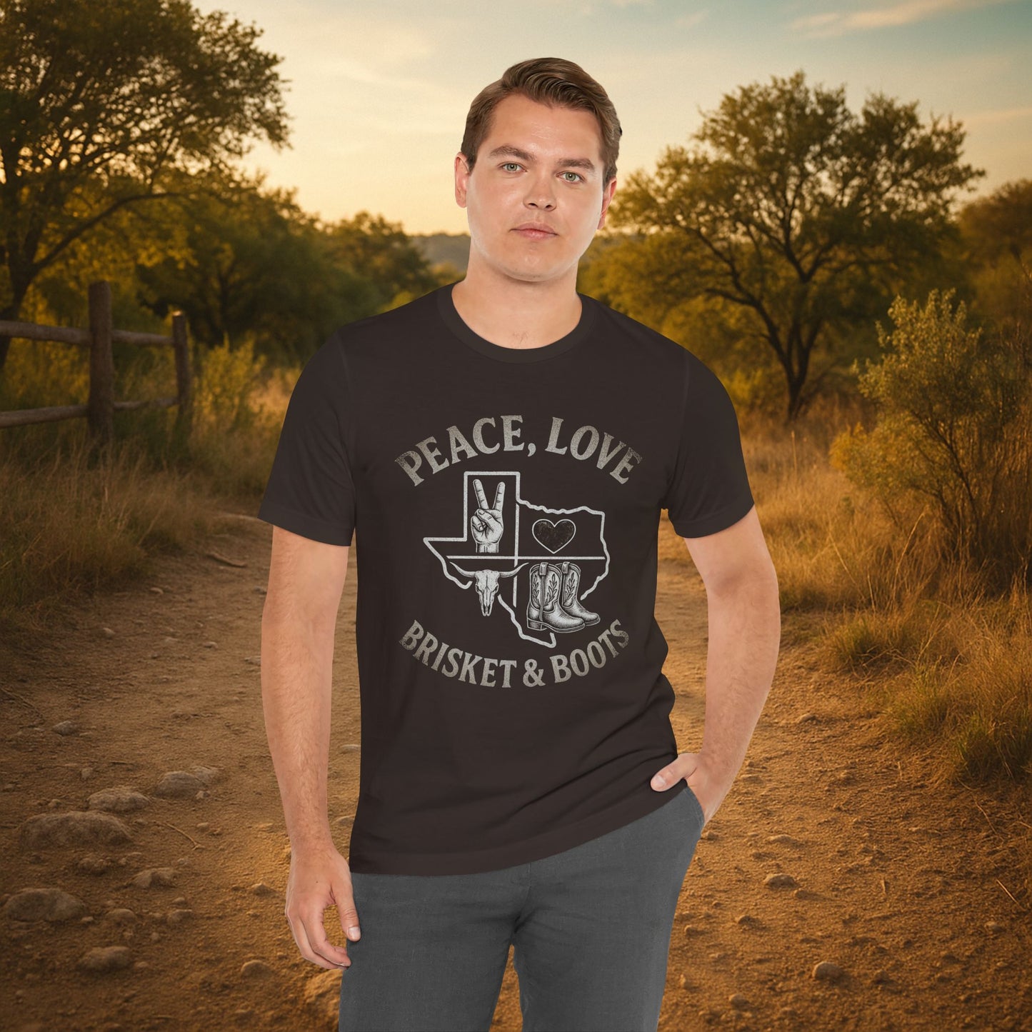 “Peace, Love, Brisket & Boots” Tee – Distressed Steel Edition