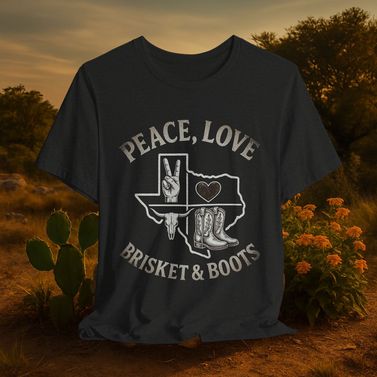 “Peace, Love, Brisket & Boots” Tee – Distressed Steel Edition