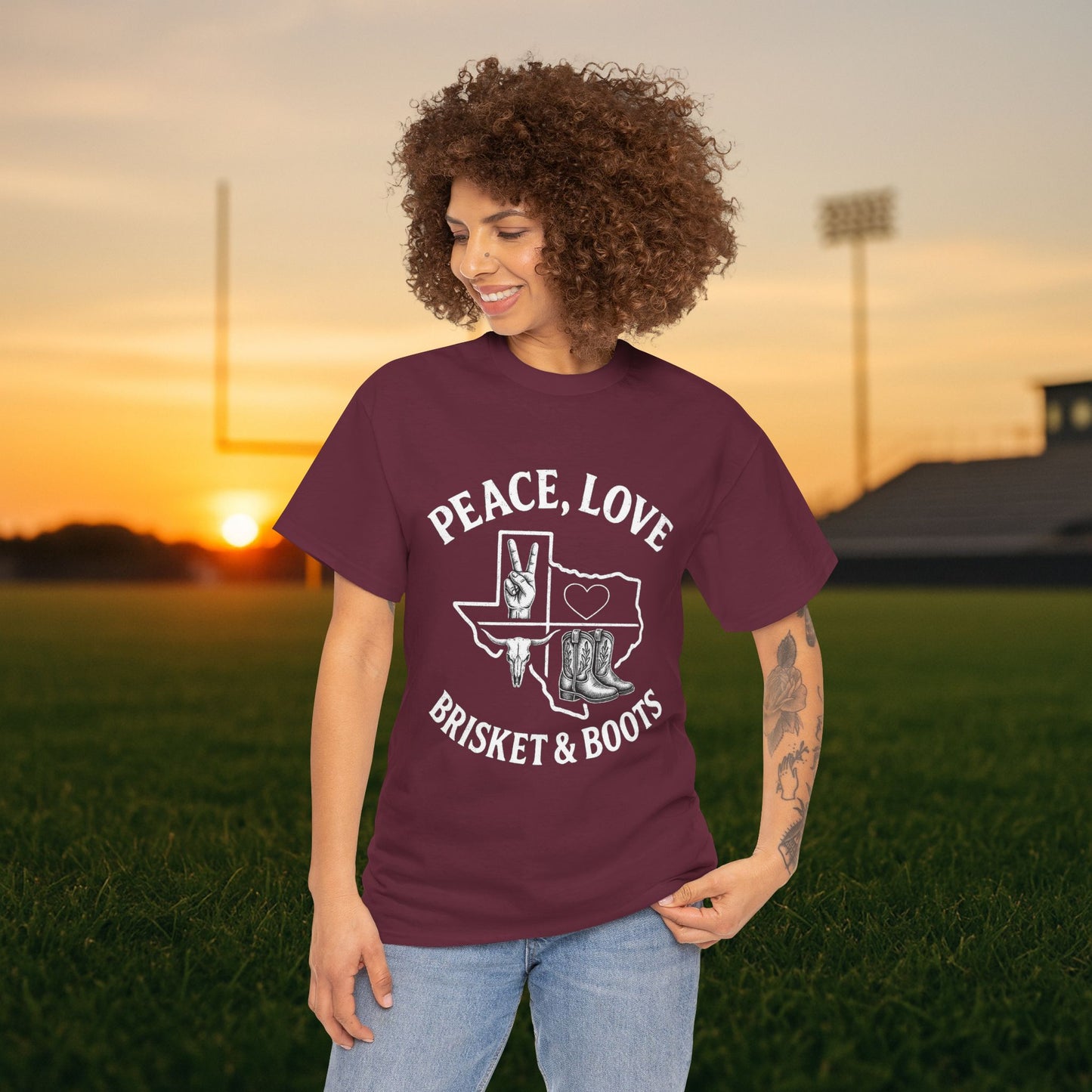 “Peace, Love, Brisket & Boots” Tee – Aggieland Edition