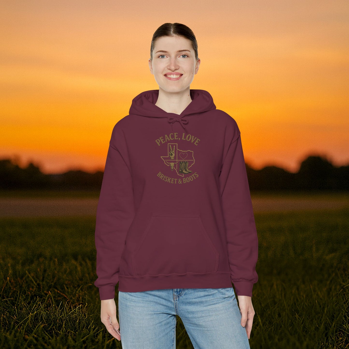 “Peace, Love, Brisket & Boots” Sweatshirt – Bobcat Spirit Edition