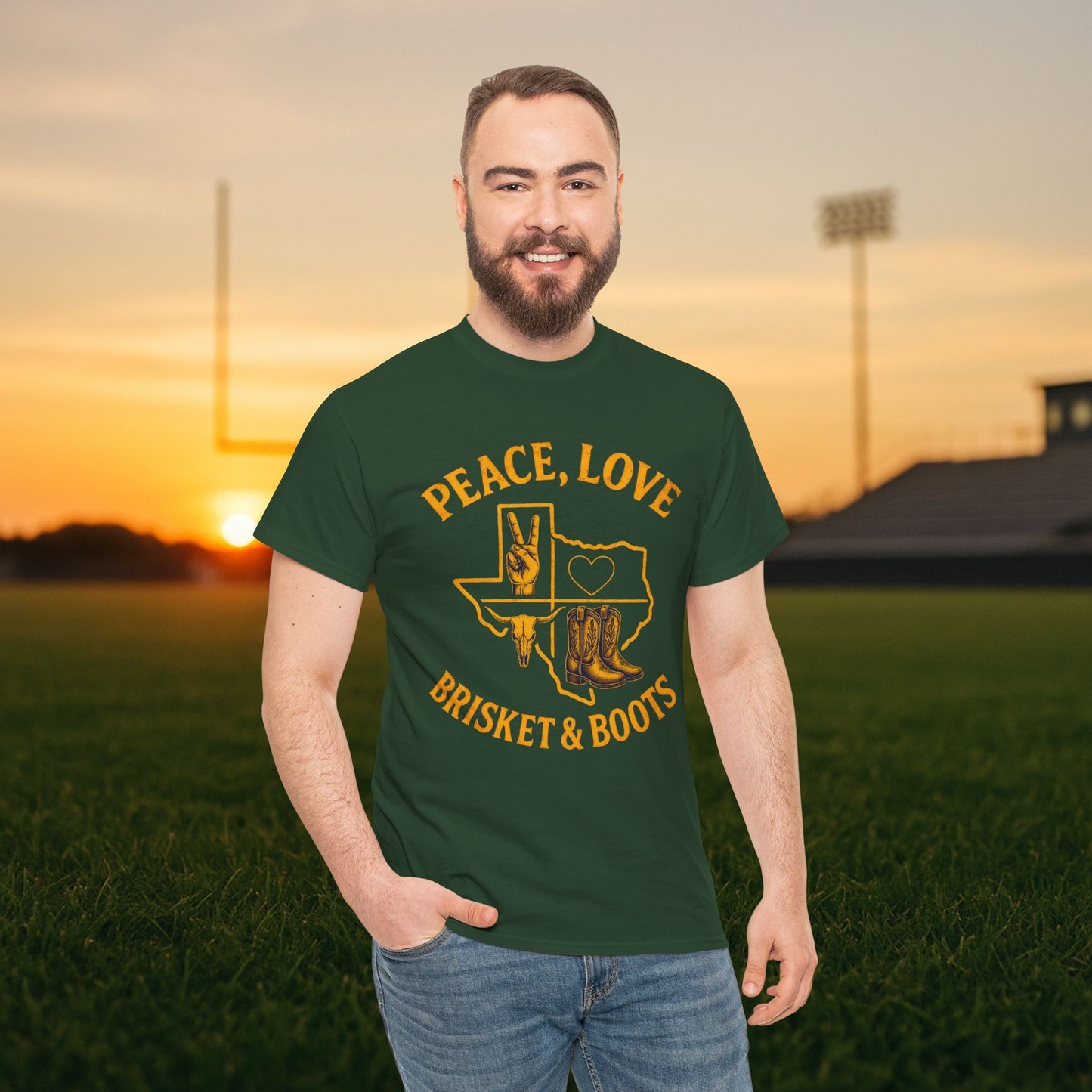 “Peace, Love, Brisket & Boots” Tee – Forest Green and University Gold Edition