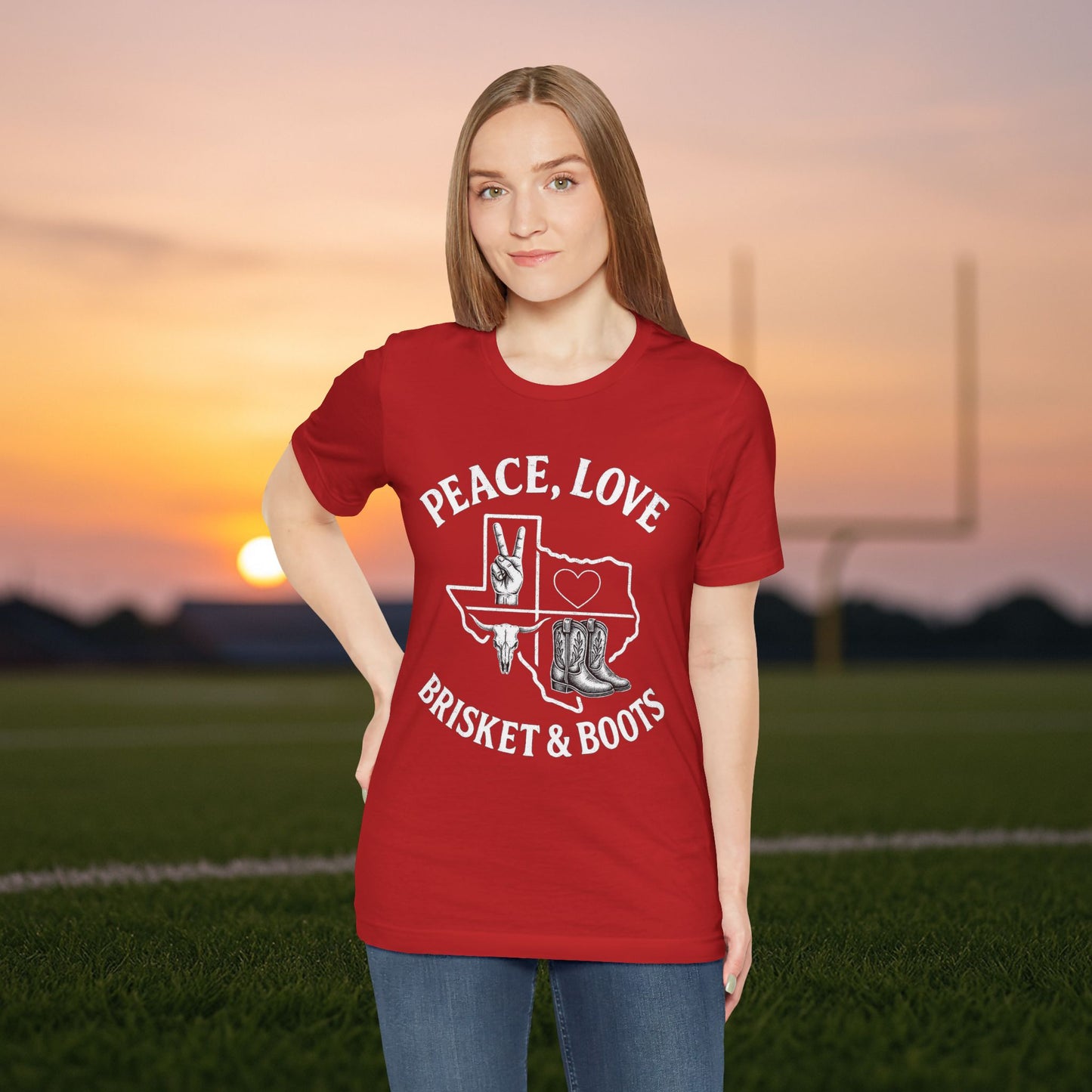 “Peace, Love, Brisket & Boots” Tee - Scarlet Cougar Edition