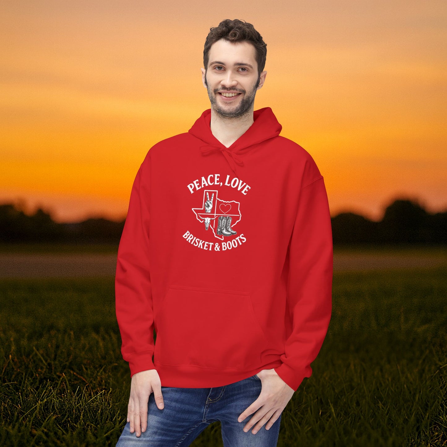“Peace, Love, Brisket & Boots” Gildan Softstyle Hoodie – Scarlet Cougar Edition