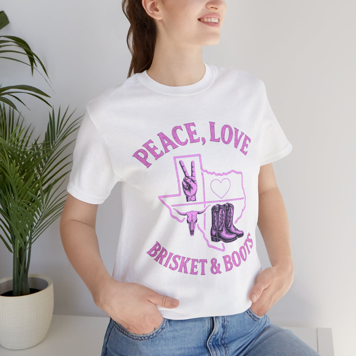 “Peace, Love, Brisket & Boots” Tee - Pink Pop Edition