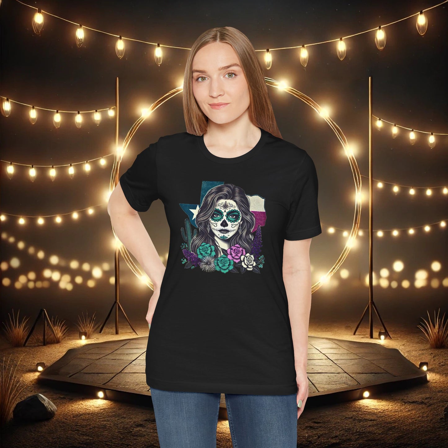 “Sugar Skull Texas Beauty” Tee - Day of the Dead inspired, Floral Design with Cactus and Roses