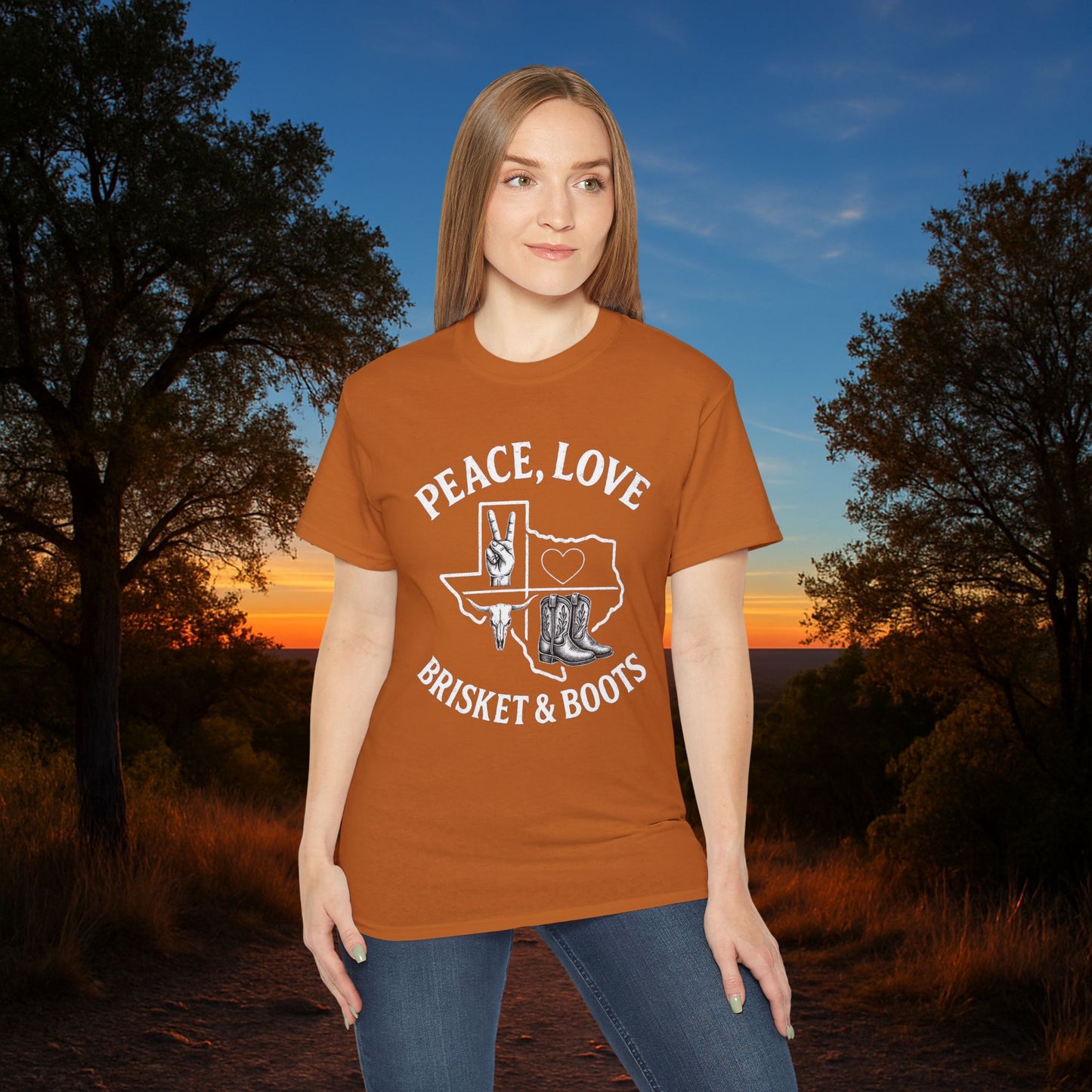 “Peace, Love, Brisket & Boots” Tee – Longhorn Spirit Edition