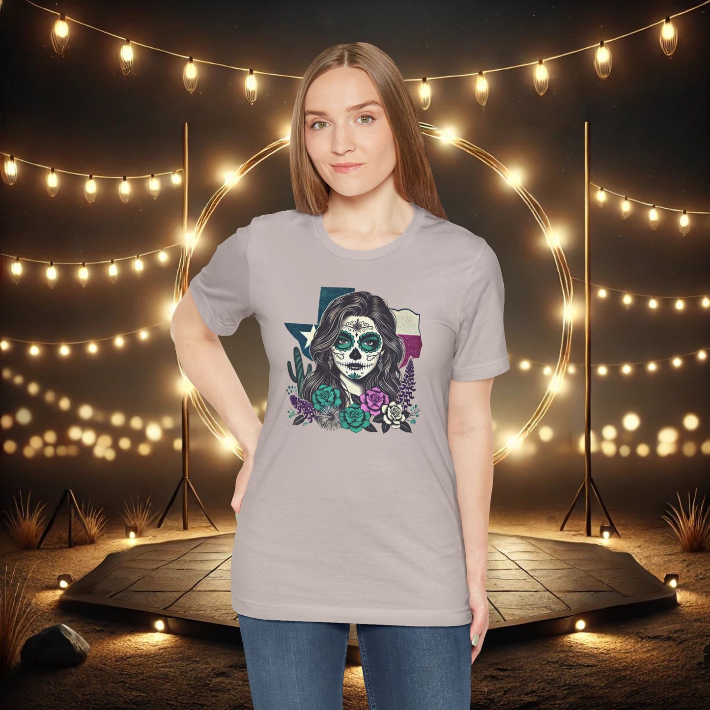 “Sugar Skull Texas Beauty” Tee - Day of the Dead inspired, Floral Design with Cactus and Roses