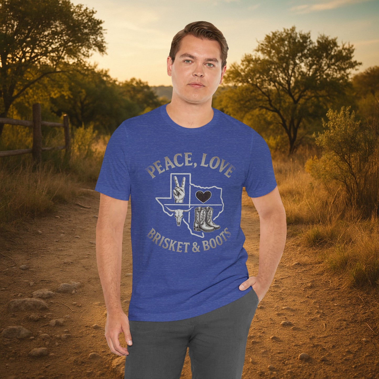 “Peace, Love, Brisket & Boots” Tee – Distressed Steel Edition