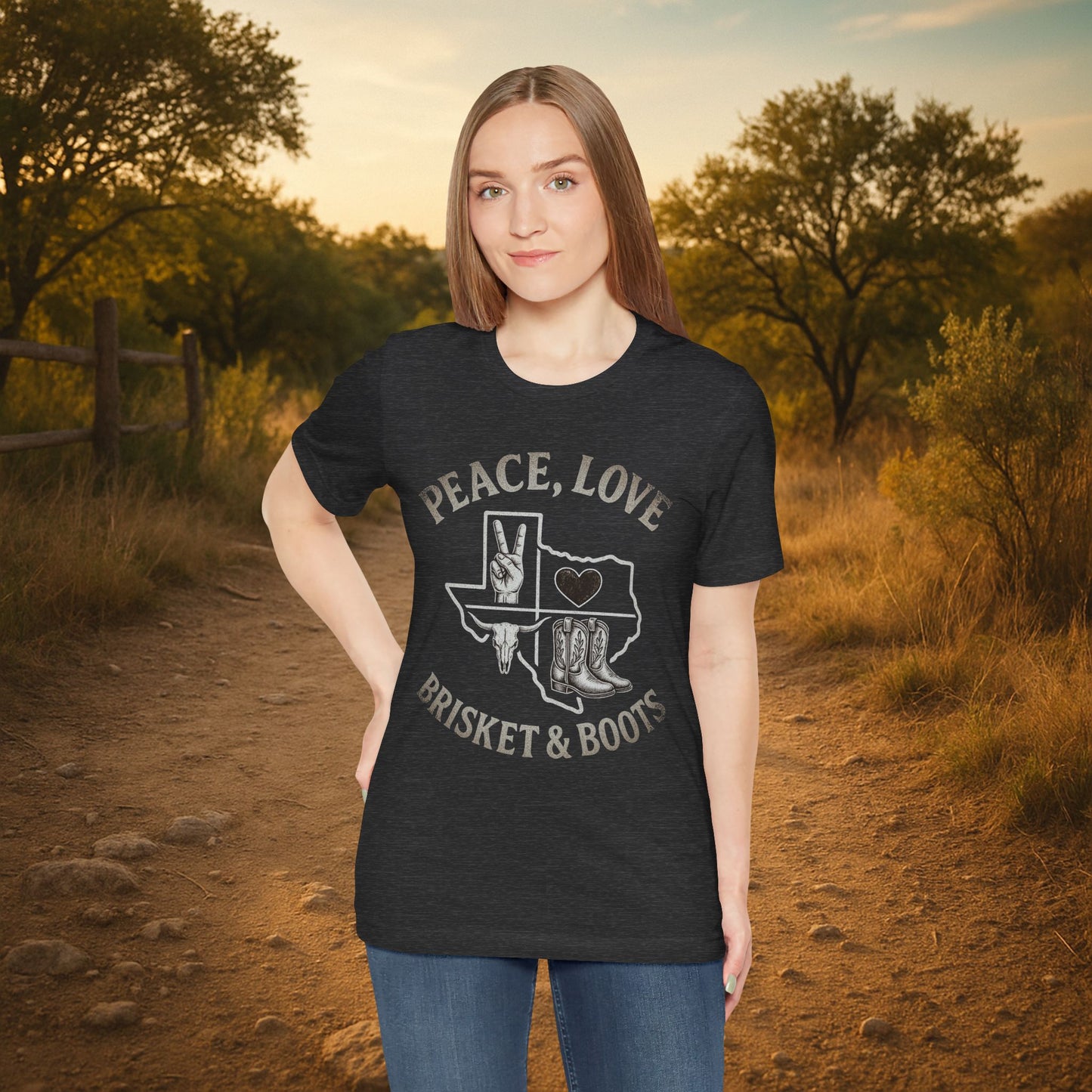 “Peace, Love, Brisket & Boots” Tee – Distressed Steel Edition