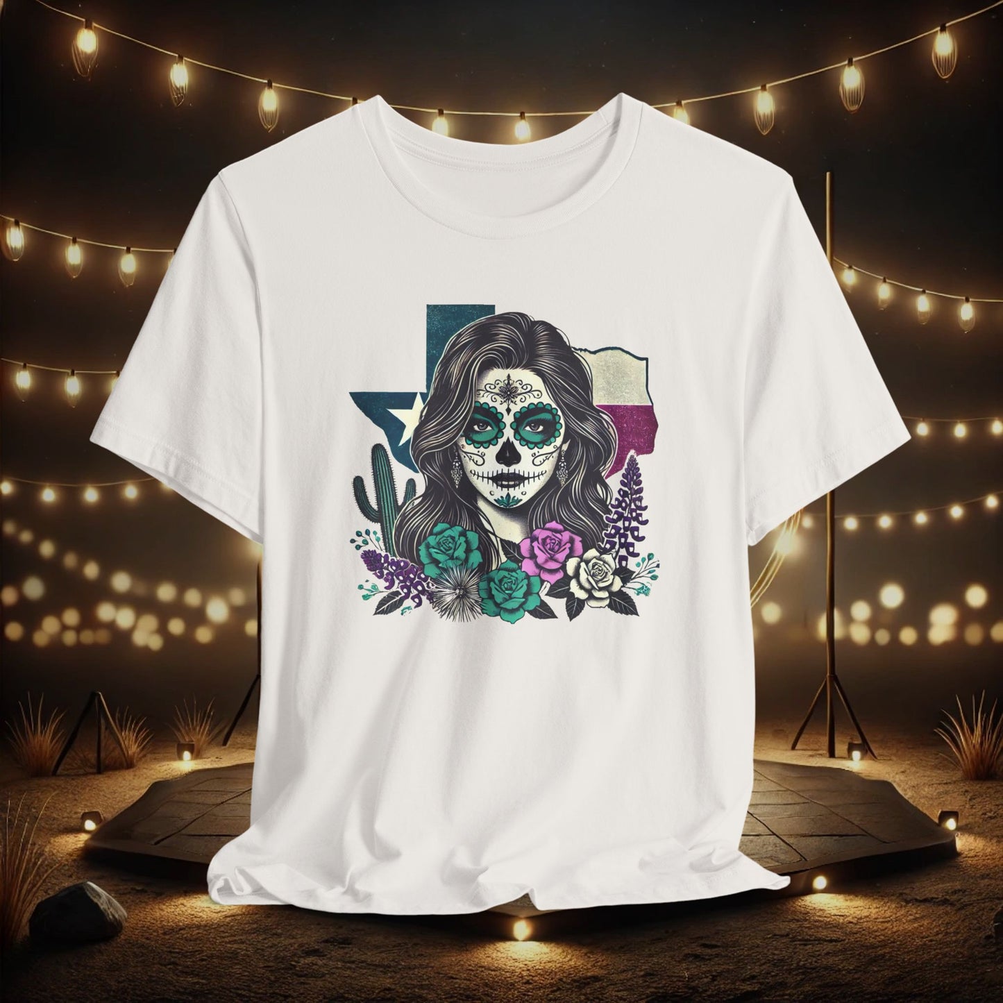 “Sugar Skull Texas Beauty” Tee - Day of the Dead inspired, Floral Design with Cactus and Roses
