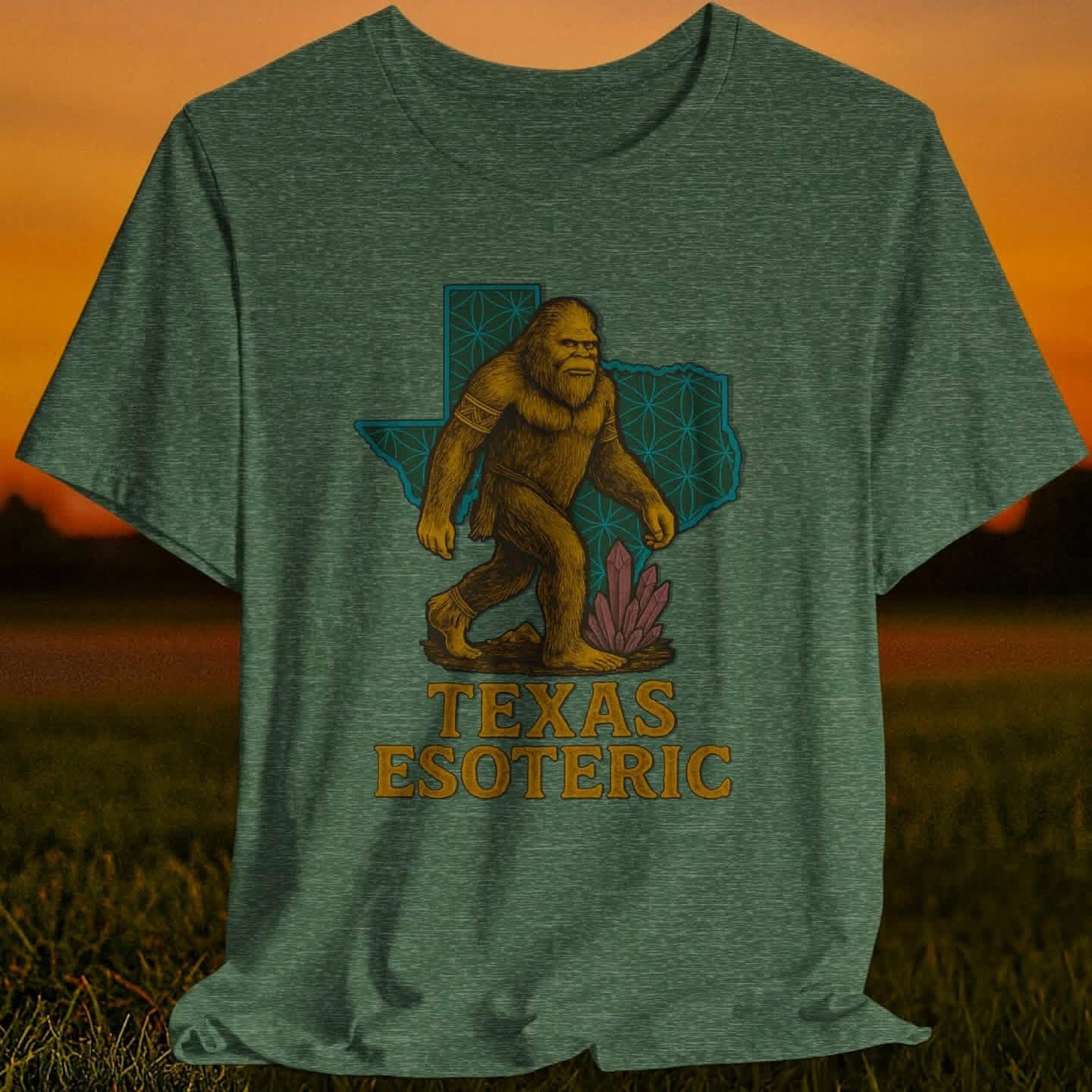 Stylized artwork of a mysterious forest scene under a starry night featuring shadowy figures, glowing orbs, and Cryptid inspired elements, representing unexplained phenomena and strange sightings in Texas.