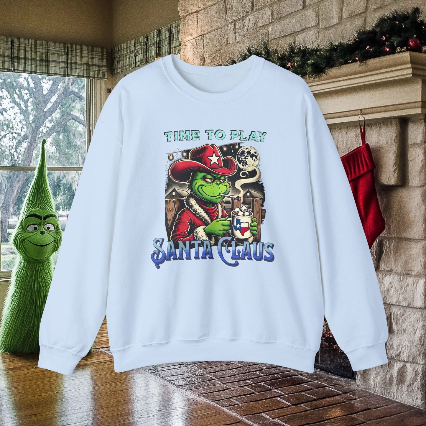 “Time to Play Santa Claus” Grinch-inspired Christmas Sweatshirt