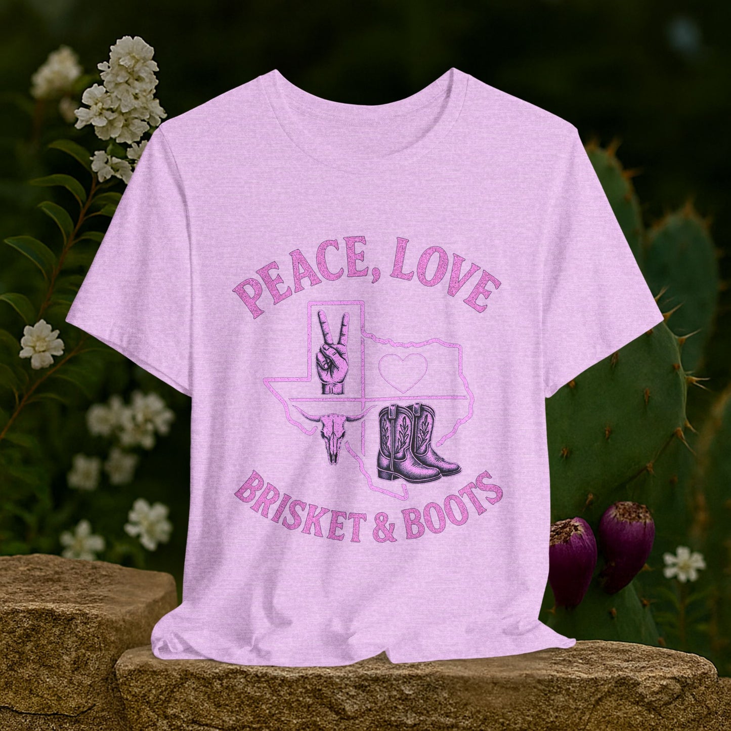 “Peace, Love, Brisket & Boots” Tee - Pink Pop Edition