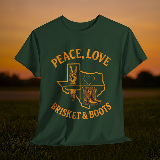 “Peace, Love, Brisket & Boots” Tee – Forest Green and University Gold Edition