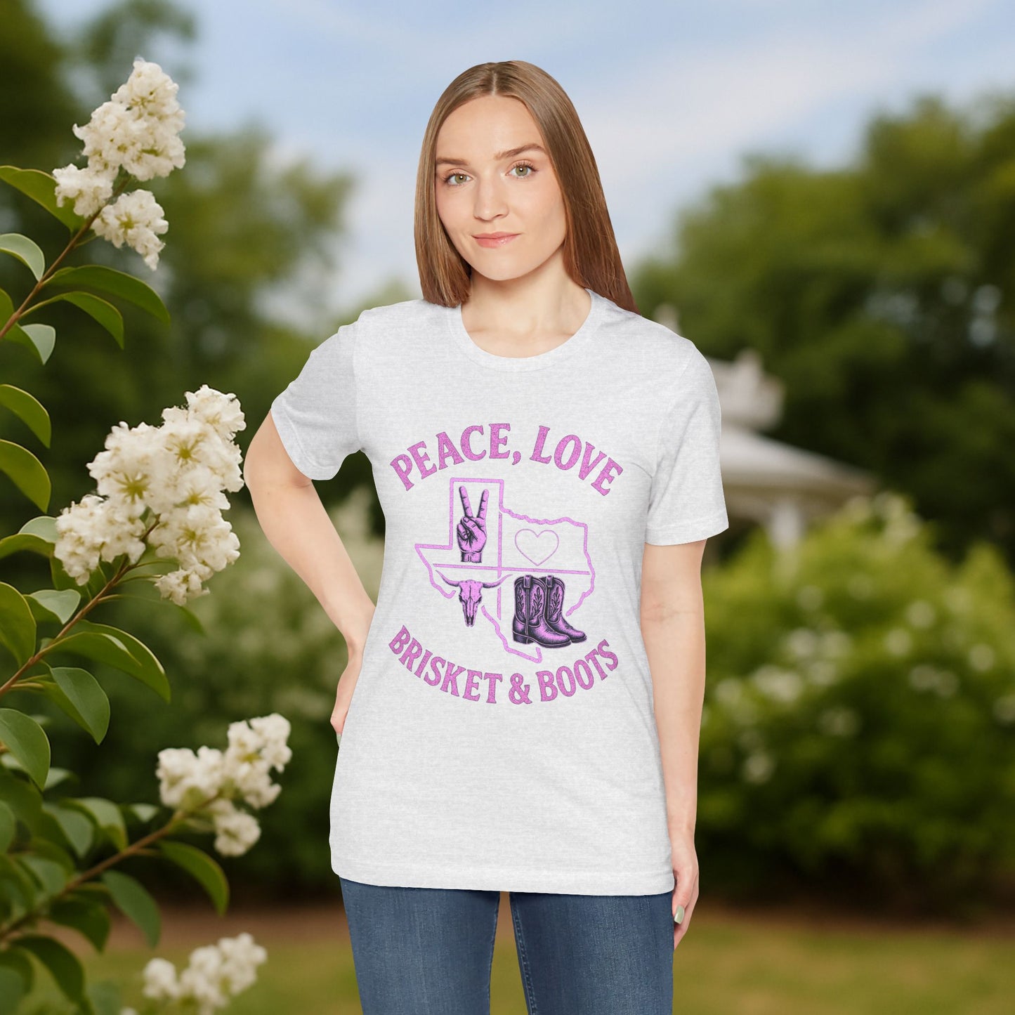 “Peace, Love, Brisket & Boots” Tee - Pink Pop Edition
