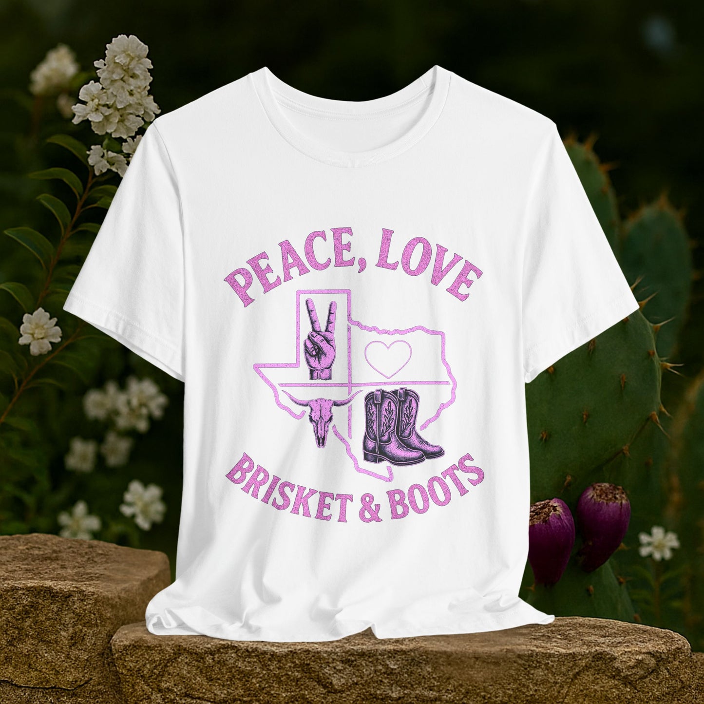“Peace, Love, Brisket & Boots” Tee - Pink Pop Edition