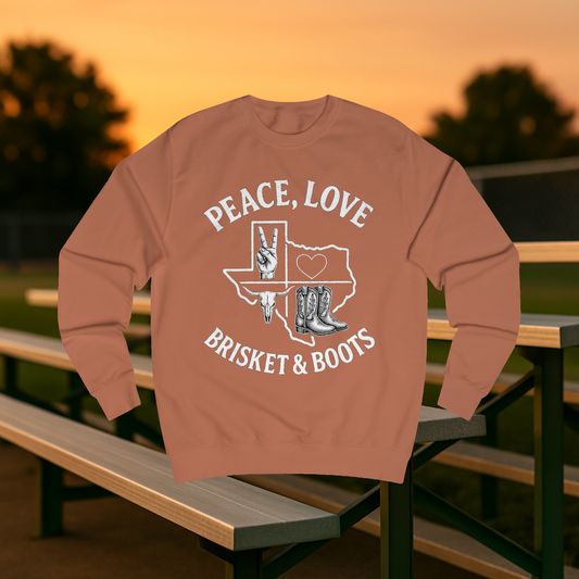 “Peace, Love, Brisket & Boots” Sweatshirt – Era-Inspired Vintage Orange