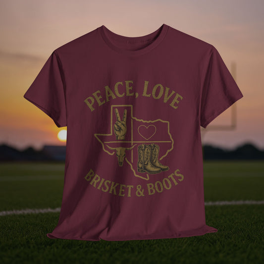 “Peace, Love, Brisket & Boots” Tee – Bobcat Spirit Edition