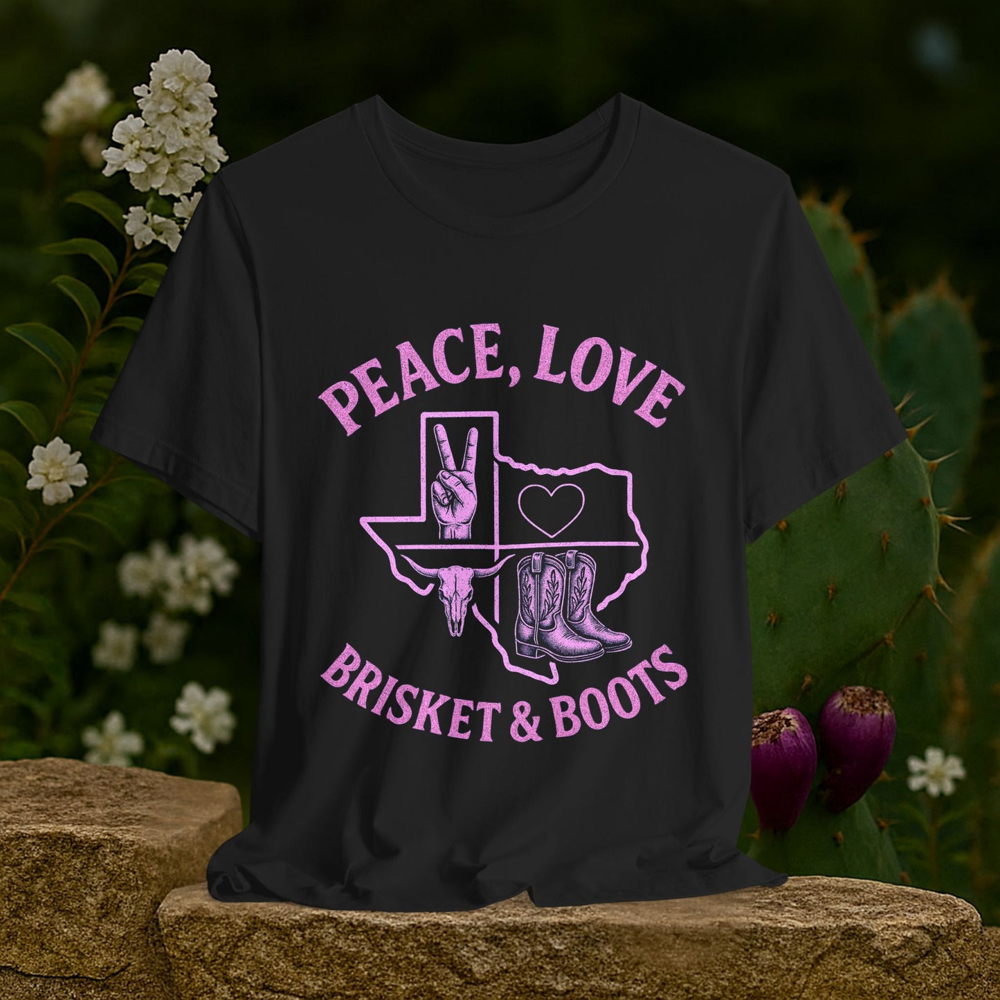 “Peace, Love, Brisket & Boots” Tee - Pink Pop Edition