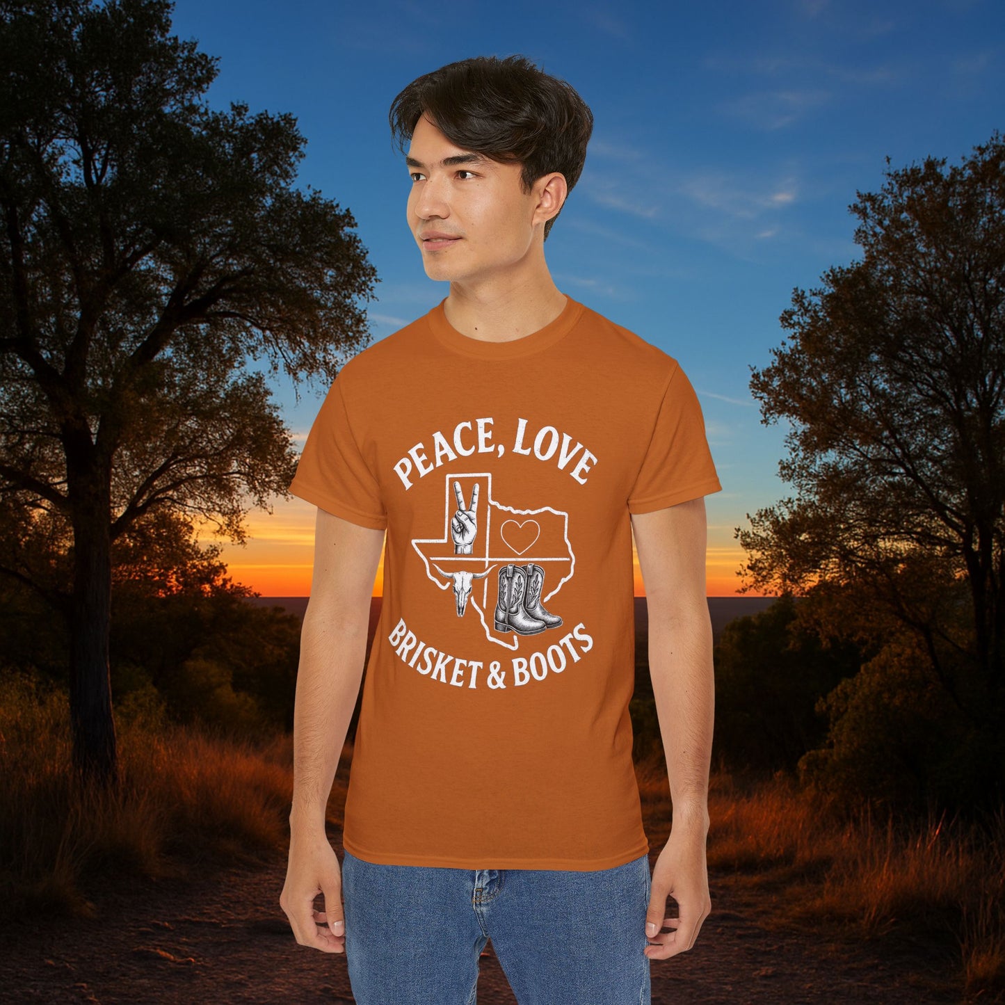 “Peace, Love, Brisket & Boots” Tee – Longhorn Spirit Edition