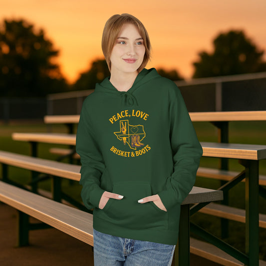 “Peace, Love, Brisket & Boots” Gildan Softstyle Hoodie – Forest Green and University Gold Edition