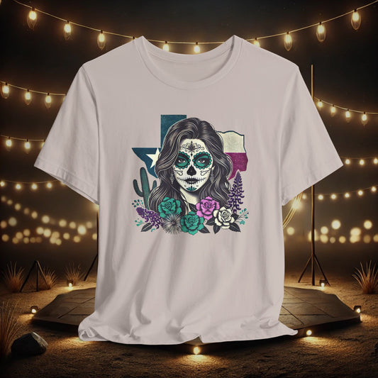 “Sugar Skull Texas Beauty” Tee - Day of the Dead inspired, Floral Design with Cactus and Roses