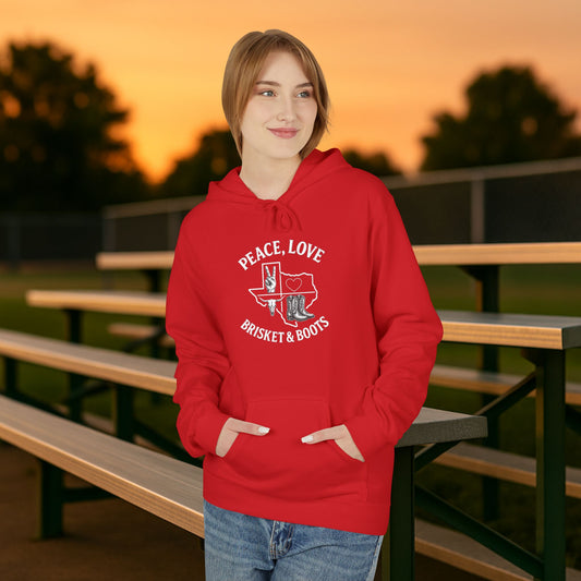 “Peace, Love, Brisket & Boots” Gildan Softstyle Hoodie – Scarlet Cougar Edition