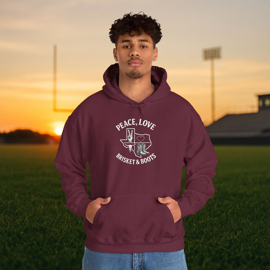 “Peace, Love, Brisket & Boots” Gildan Heavy Blend – Aggieland Edition