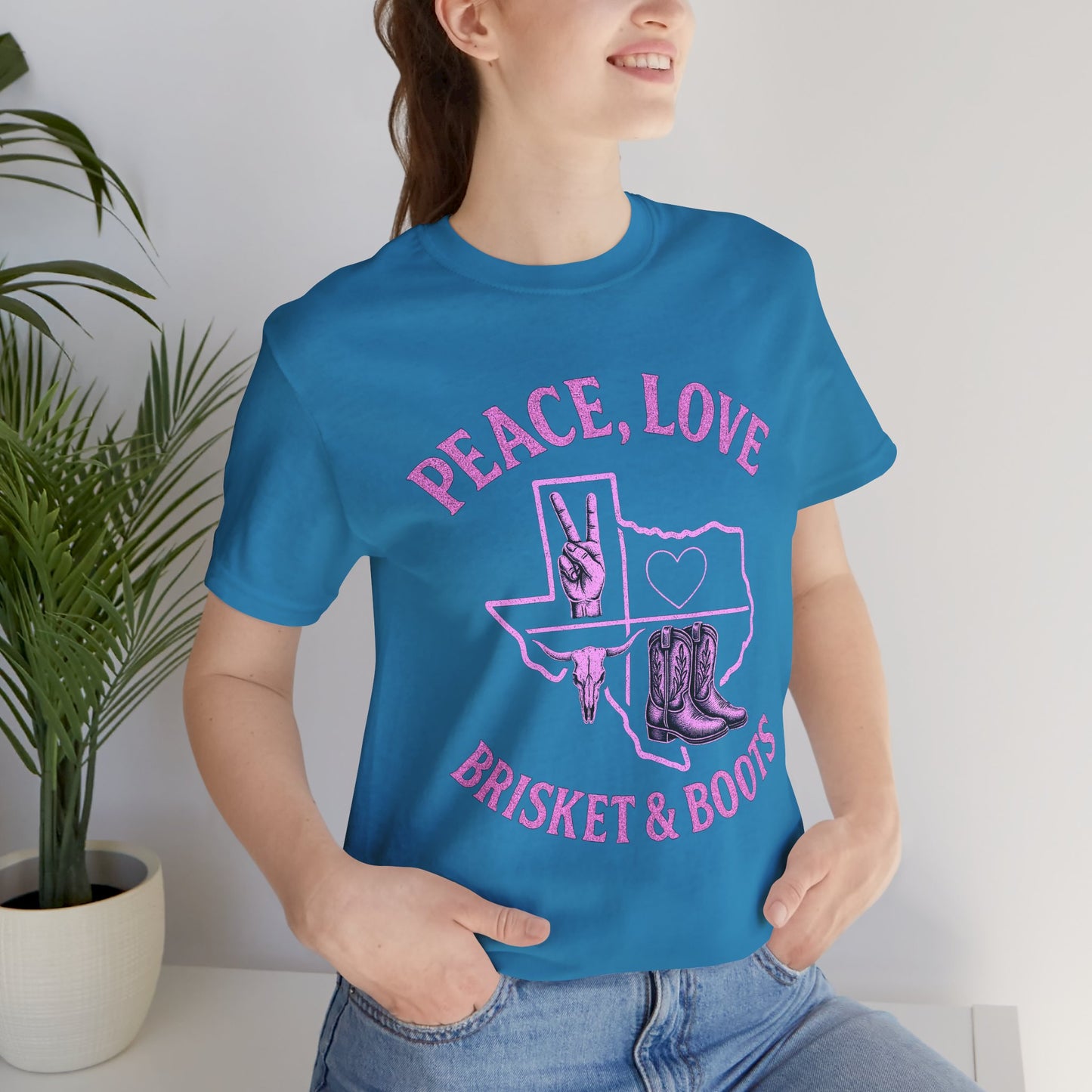 “Peace, Love, Brisket & Boots” Tee - Pink Pop Edition
