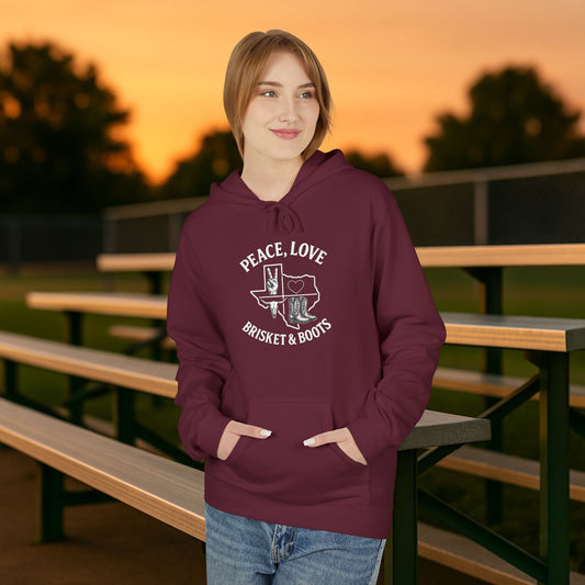 “Peace, Love, Brisket & Boots” Gildan Softstyle Hoodie – Aggieland Edition