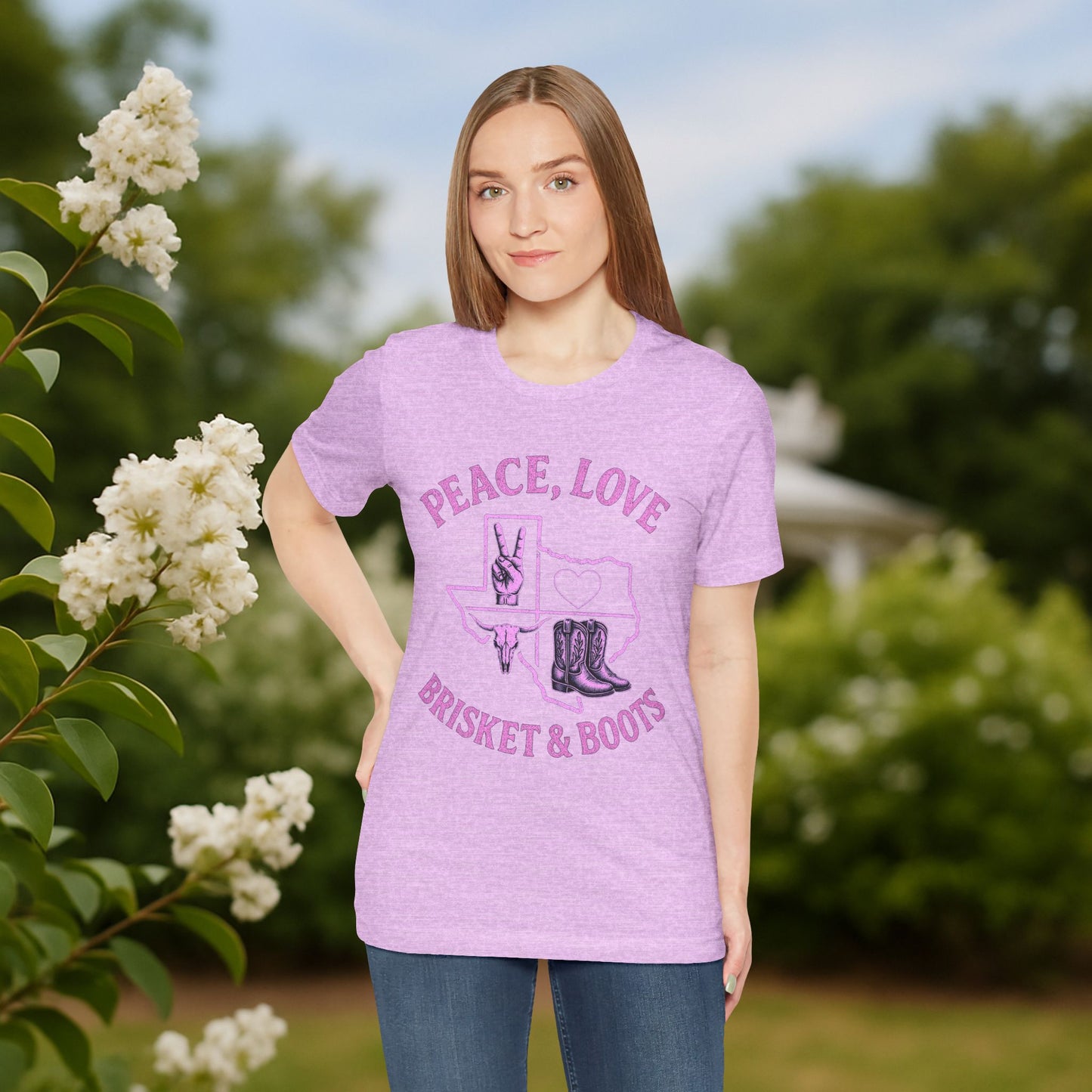“Peace, Love, Brisket & Boots” Tee - Pink Pop Edition