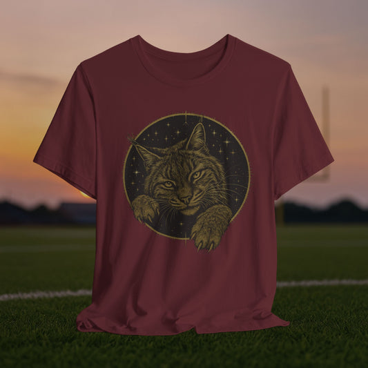 "Frisky Celestial Bobcat" Tee (Texas State Maroon & Brassy Gold Edition)